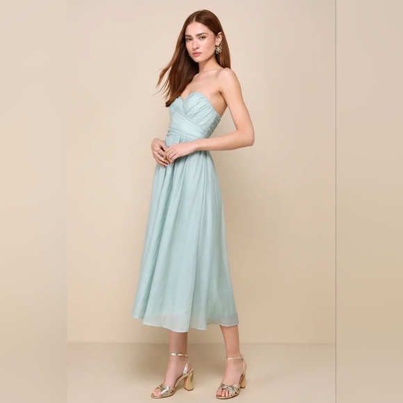 Lulus Fairytale Design Sage Green Organza Strapless A-Line Midi Dress L Wedding - Picture 3 of 9